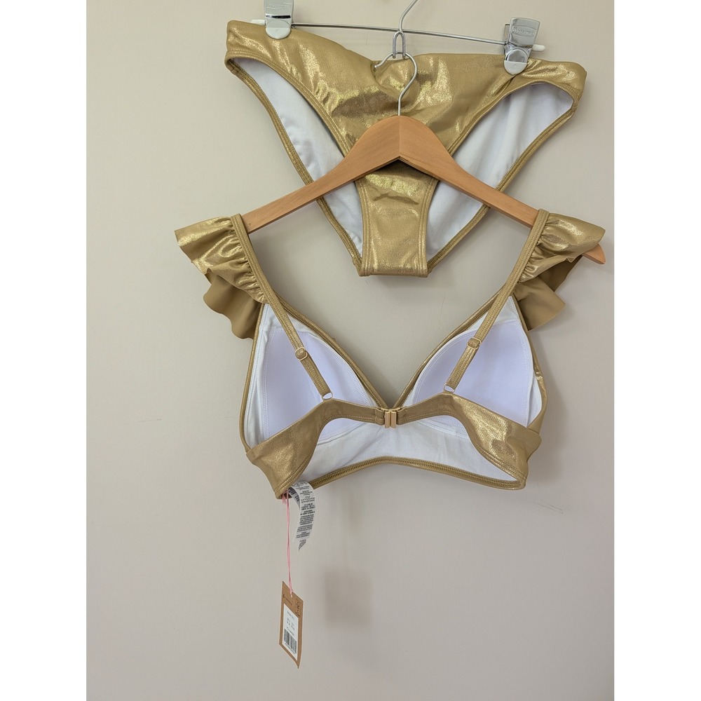 Boden Palermo Ruffle V Bikini Set Gold Metallic‎ Lame Two Piece Swimsuit 8/10 - Picture 7 of 14